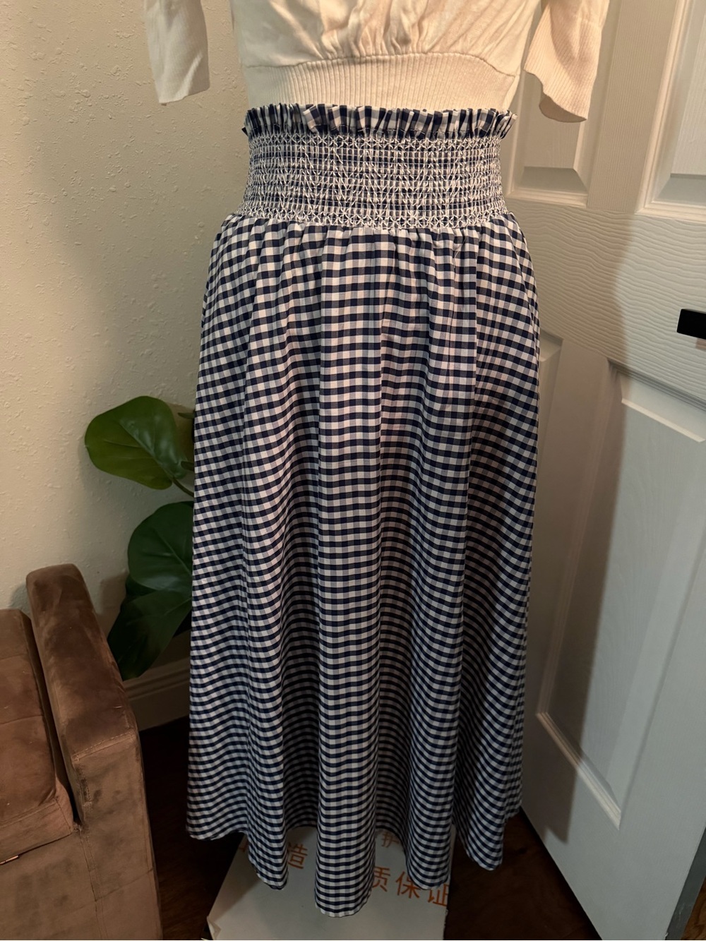 Smocked Gingham Maxi Skirt - Navy/White